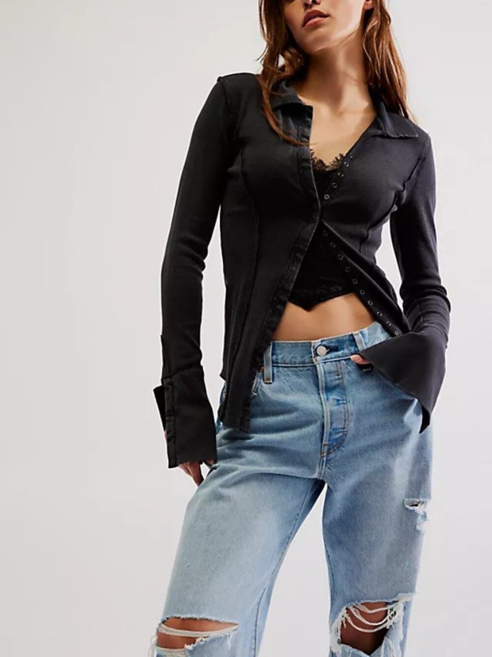 Free People We the Free Dropping Tears Shirting Boho Shirt Button Front Top
